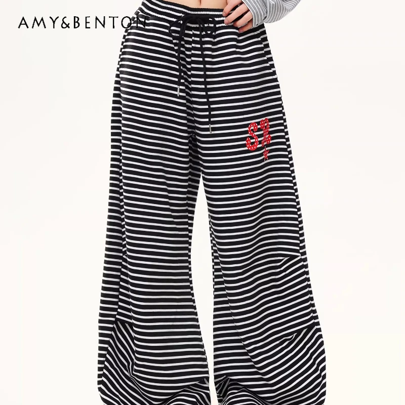 

Vintage Black White Striped Women's Sweatpants 2026 Spring High Waist Commuter Age Reduction Versatile Wide-Leg Pants Ladies