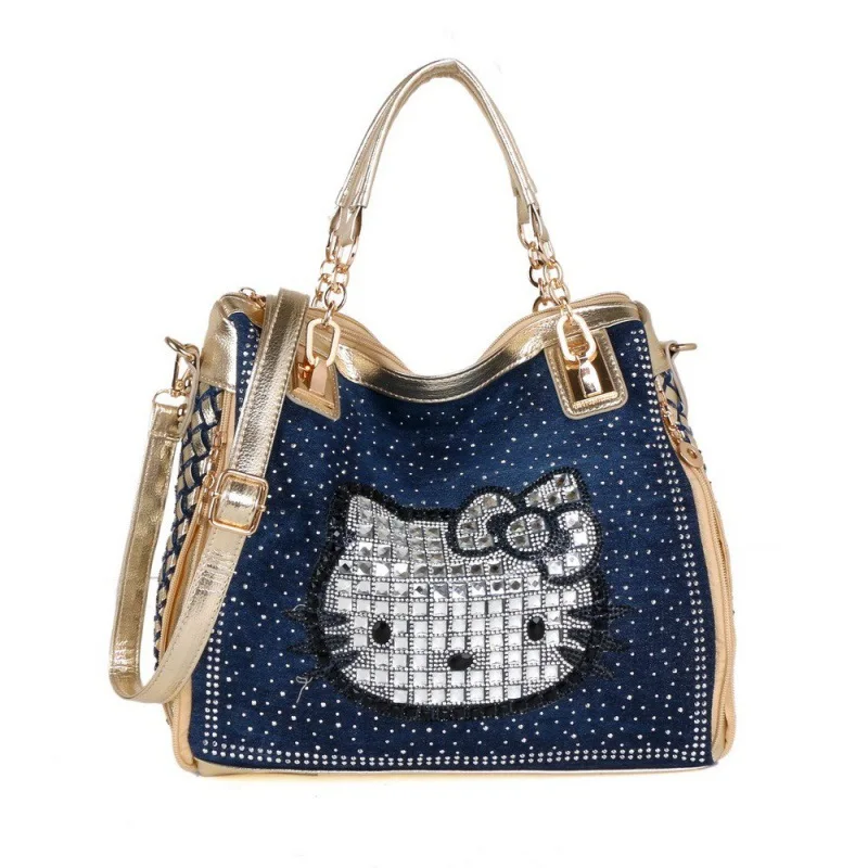 2024 New Hello Kitty Bag Women Denim Bag Wear-Resistant Diamond-Encrusted Single Shoulder Crossbody Bag Tote Woven