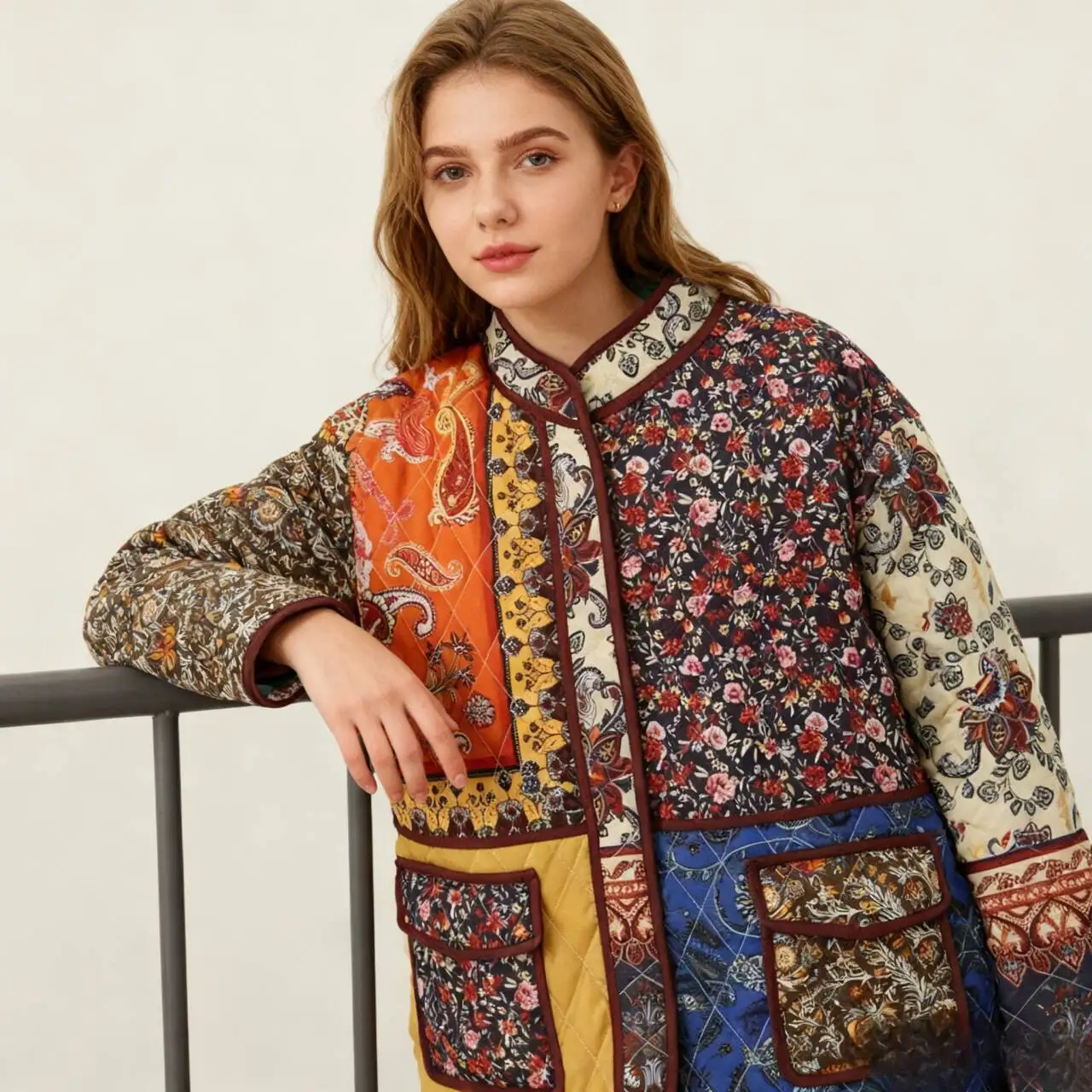 Parkas Womens Korean Autumn Aesthetic Checked Cropped Snap-Button Waist-Closed Waistband Lined Turtleneck O-Neck Double-Sided OL