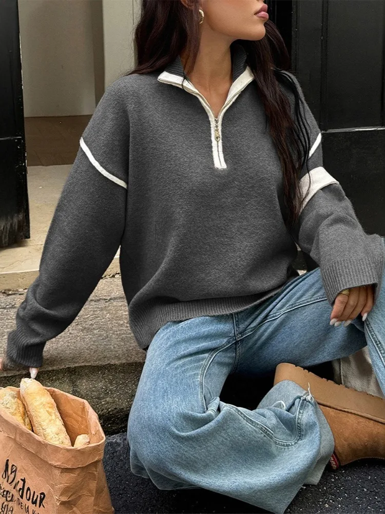LIinar Women's Casual Minimalist Solid-Color Long-Sleeve Knit Sweater 2026 Fall Winter Zipper-Front Loose-Fit Pullover Sweater
