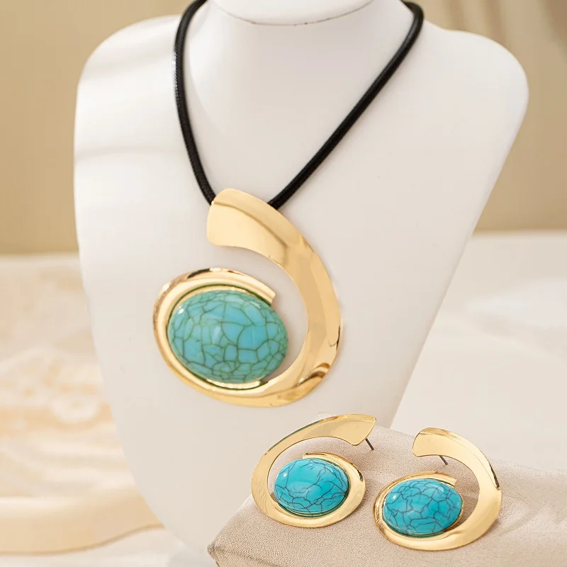 Necklace Turquoise Pendant Rope Chain Earring Set Women Girls Gifts Fashion Jewelry Hot Sale Party Gift 2025 New Style