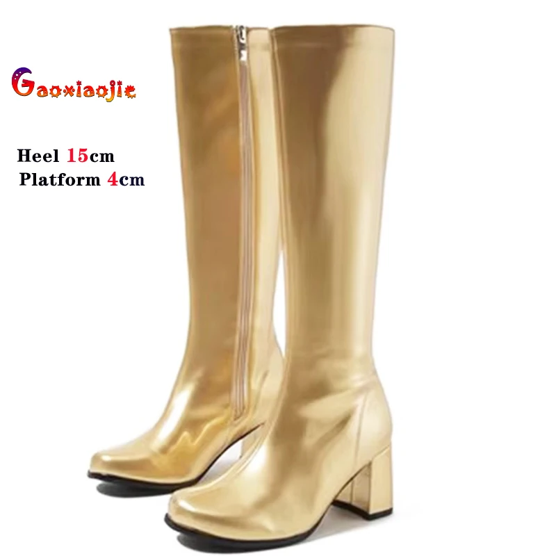 Knee-High Boots Costumes 60s 70s Go Go Boot Retro1960s Ladies Women's Fancy Dress Gogo Party Dance Gold Shoes Large Size 36-46