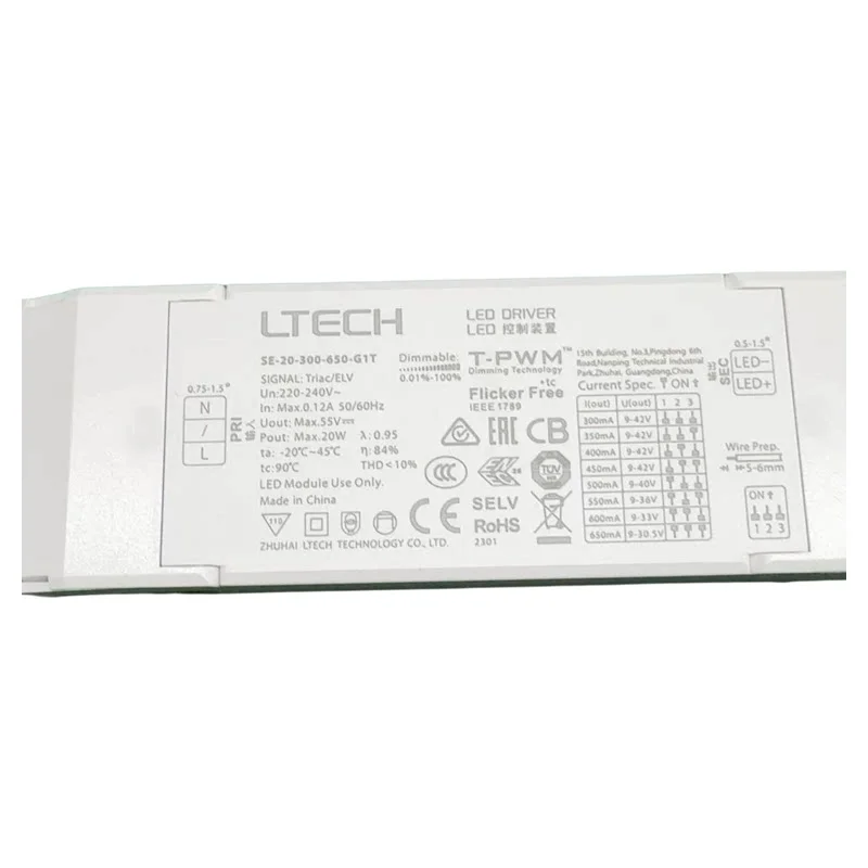 Slow Start Dimmable LED Driver SE-20-300-650-G1T 20W 300mA-650mA Leading edge(Triac), Trailing edge(ELV) T-PWM Dimming
