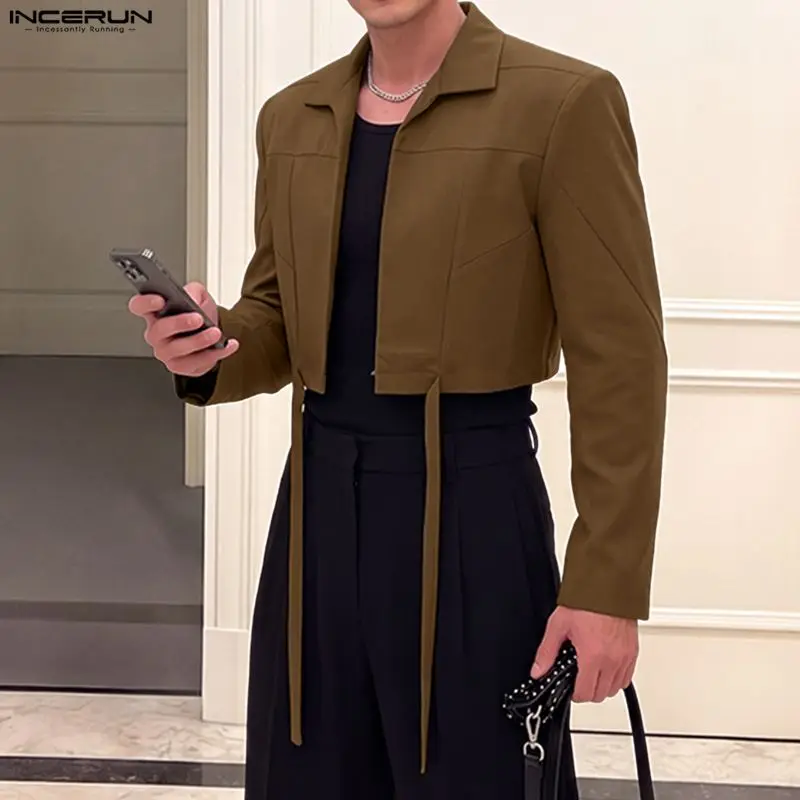 INCERUN Men's Crop Coats Solid Color Lapel Long Sleeve Open Stitch Jackets For Man Streetwear Fashion Casual Male Outerwear 2026
