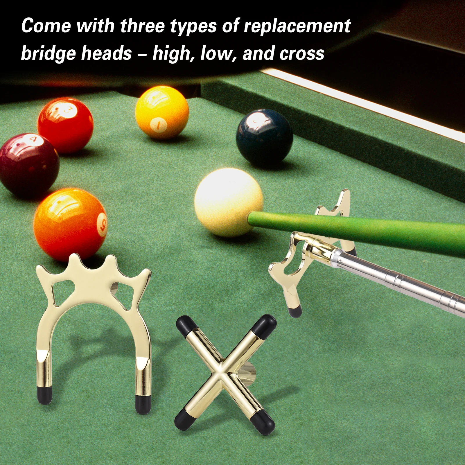 Retractable Billiards Cue Stick Bridge Pool Cue Snooker Pool Bridge Stick with 3 Removable Brass Bridge Head Pool Table Parts