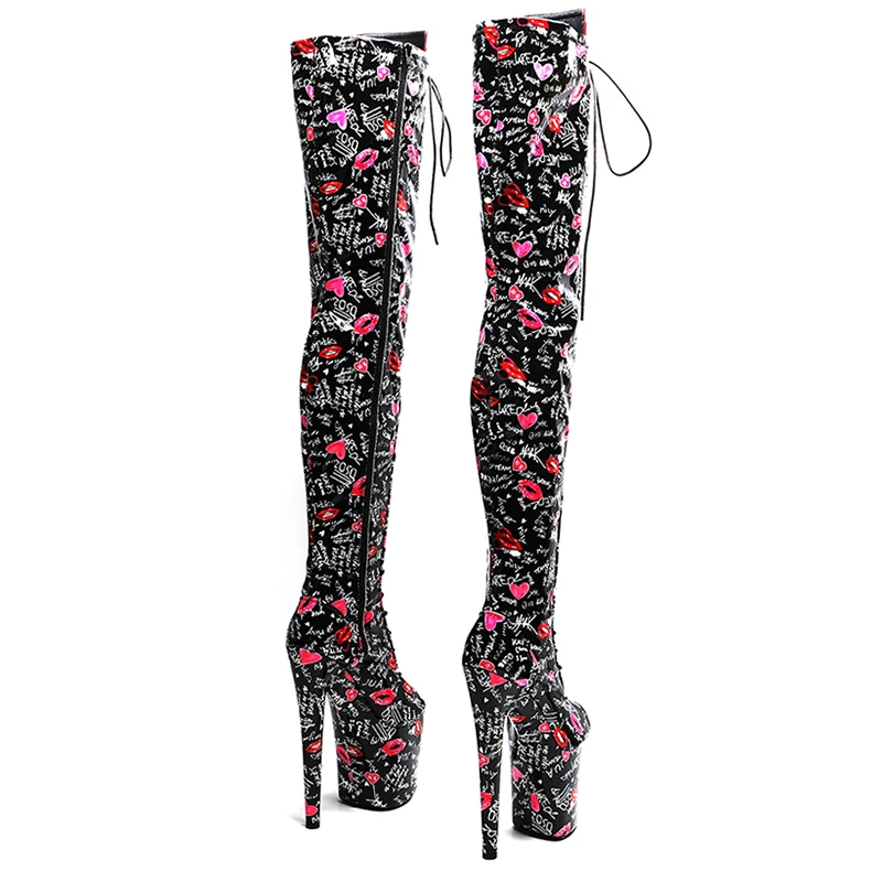 Leecabe 20CM/8inches Patent PU Love lip print Trend fashion Open toe High Heel platform stripper heel Pole Dance boots