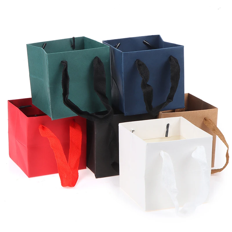 Square Portable Kraft Paper Bag Flowers Packaging Bag Birthday Wedding Gift Bag