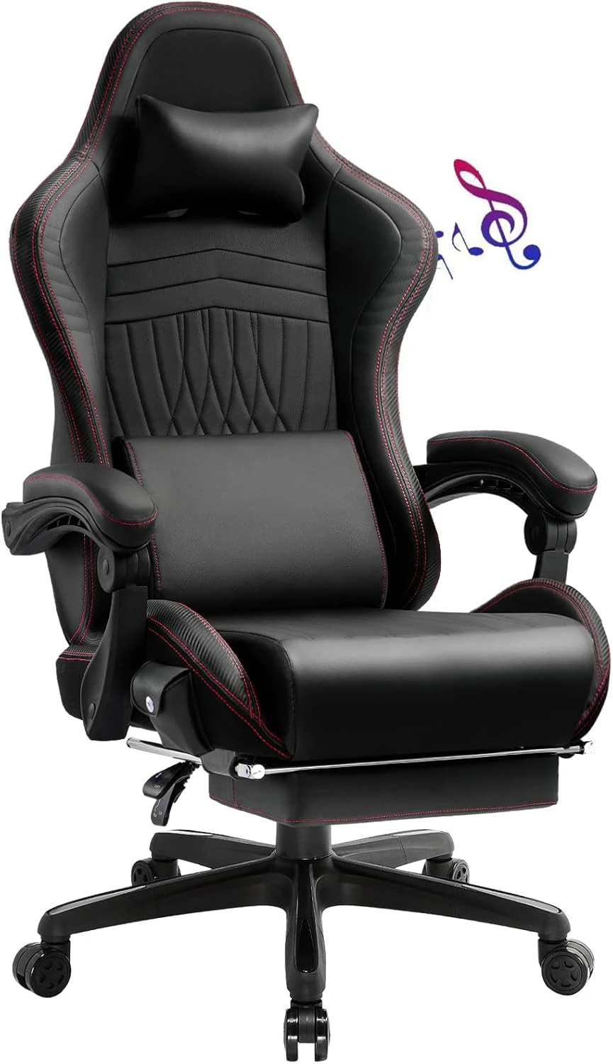 Computer chair with foot pedal and Bluetooth speaker, ergonomic gaming chair with high backrest, Red