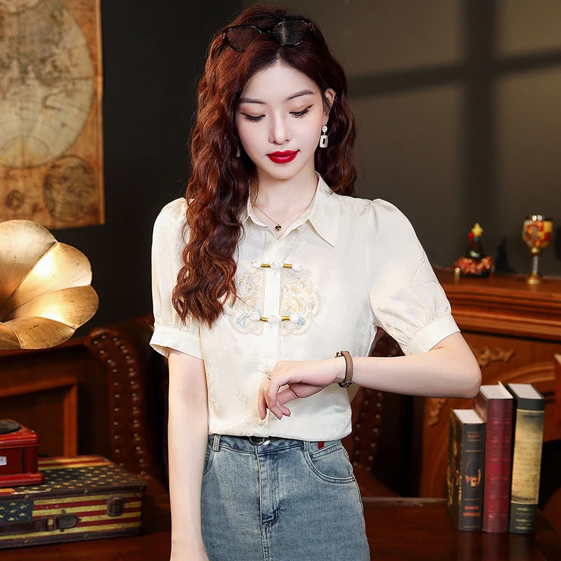 Short Sleeve Turn Down Collar Women Shirt Embroidery Chiffon Shirt Blouse Women Tops Blusas Mujer De Moda 2024 Verano Blusa H758