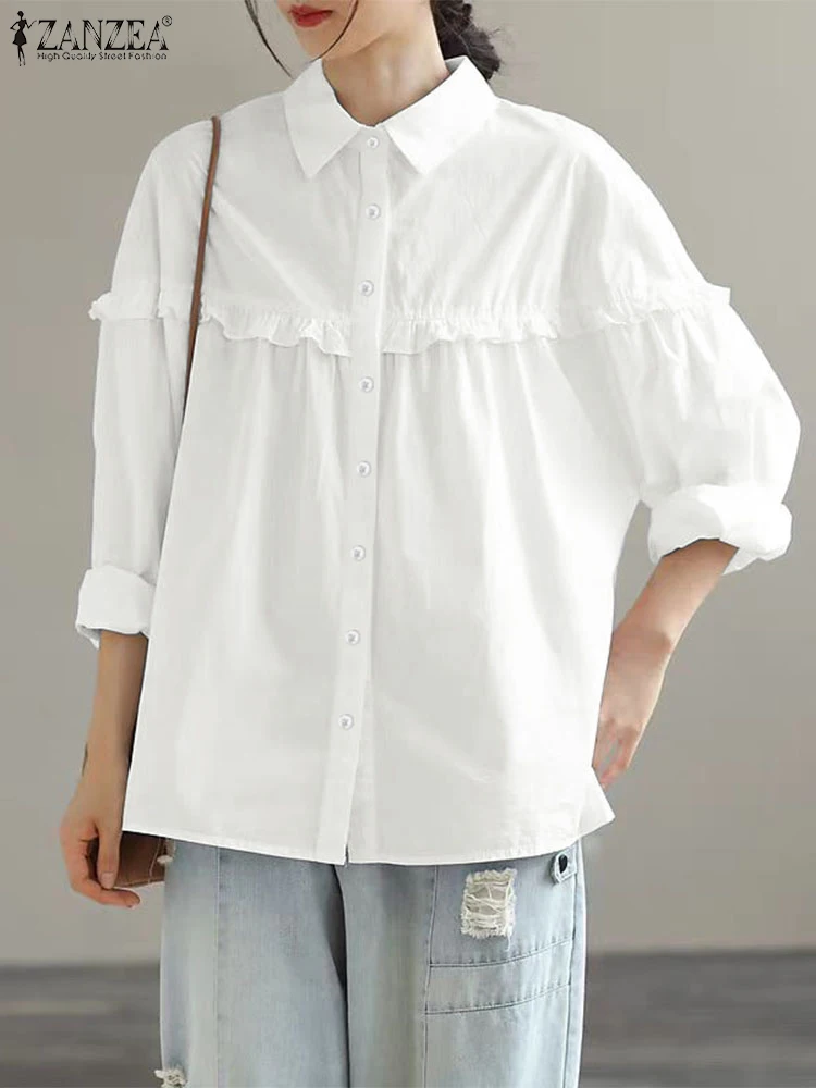 

Women Ruffled Patchwork Korean Blouse ZANZEA Vintage Solid Color Shirts 2025 Spring Long Sleeve Lapel Collar Tops Casual Tunics