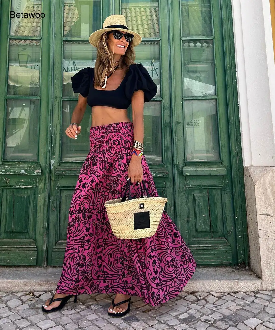 Womens Boho Floral Print High Waisted Maxi Skirt Pink Flowy Long Skirt for Beach Vacation