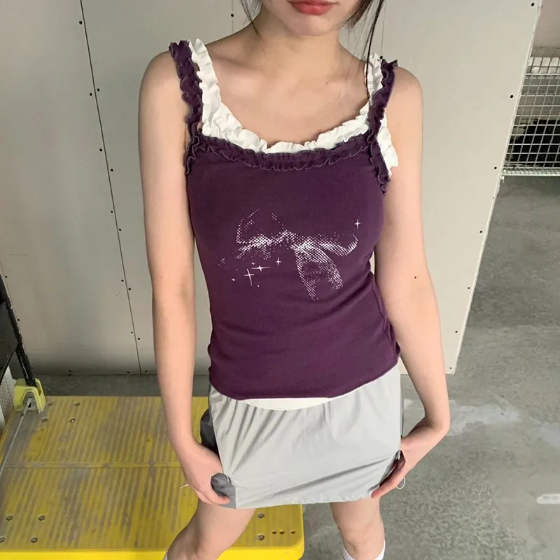 Karrram Y2k Aesthetics Lace Camisole Japanese Harajuku Knitted Tank Top Vintage 2000s Fairycore Camis Tops Purple Korean Fashion