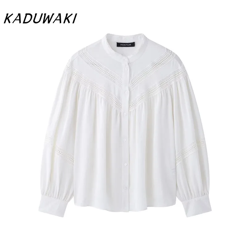 

KADUWAKI Casual Loose Office Lady Long Sleeve Stand Collar Lace Trim Puff Sleeves Button Front Top for Casual Daily Wear Female