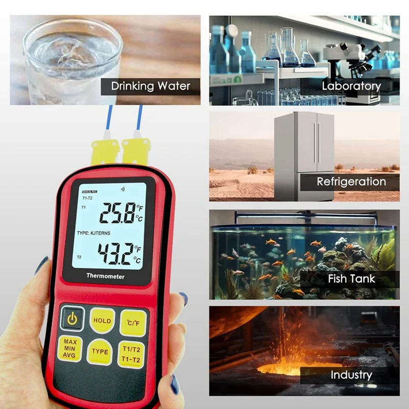 Digital Thermocouple Thermometer, Dual Channel Thermometer With Two K Type Probes LCD Display Temperature Meter