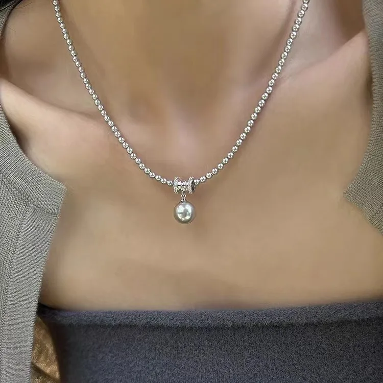 Classic light luxury pearl necklace round Beaded collar chain chic trend light luxury small cylindrical pendant wedding jewelry