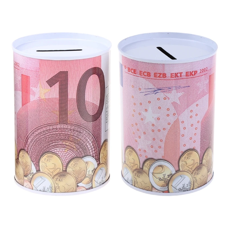 Tinplate Cylinder Piggy Banks Euro Dollar Picture Box Household Saving Money Boxes Home Storage Organizers High Quality