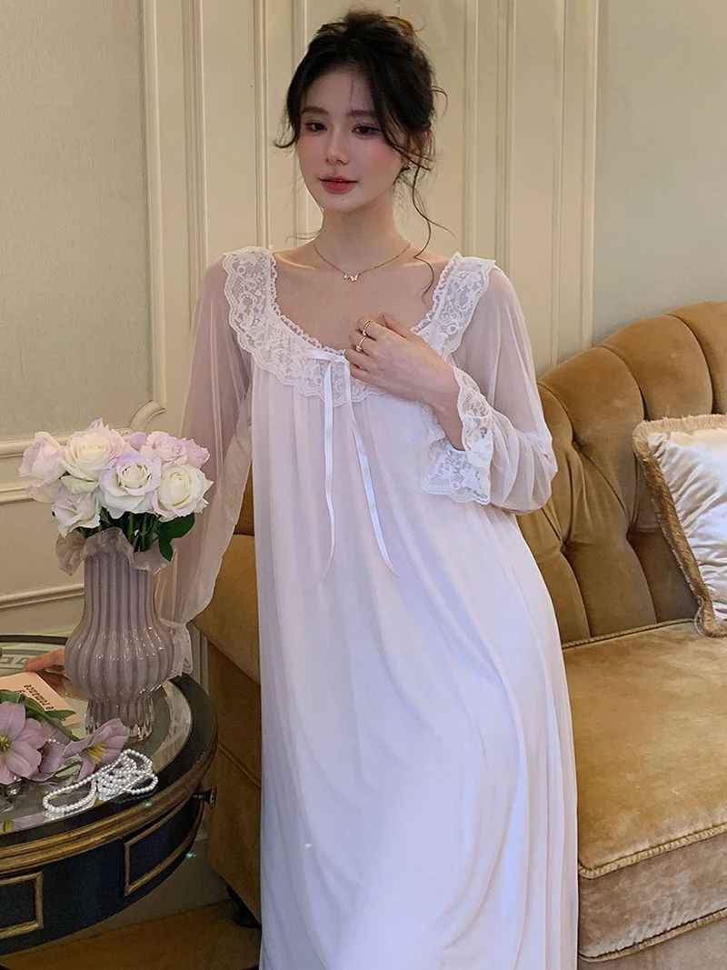 Women Ruffles Vintage Nightgowns Lolita Princess Sleepwear Pink Lace Mesh Fairy Night Dress Victorian Nightdress Loungewear