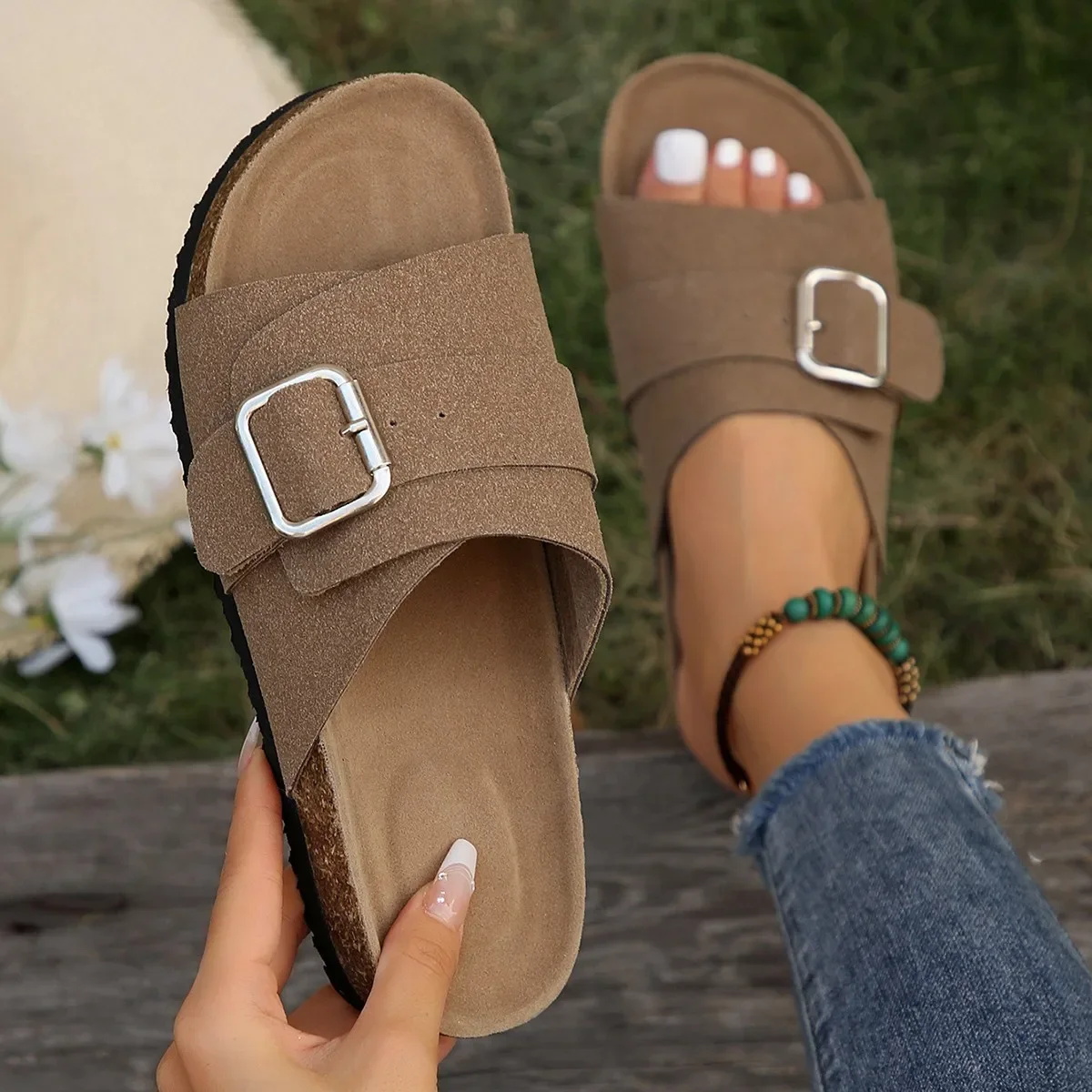 Women's Sandals Summer New Retro Women Sandals Lazy Shoes Cork Soles High-looking Shoes for Women Designer Sandals