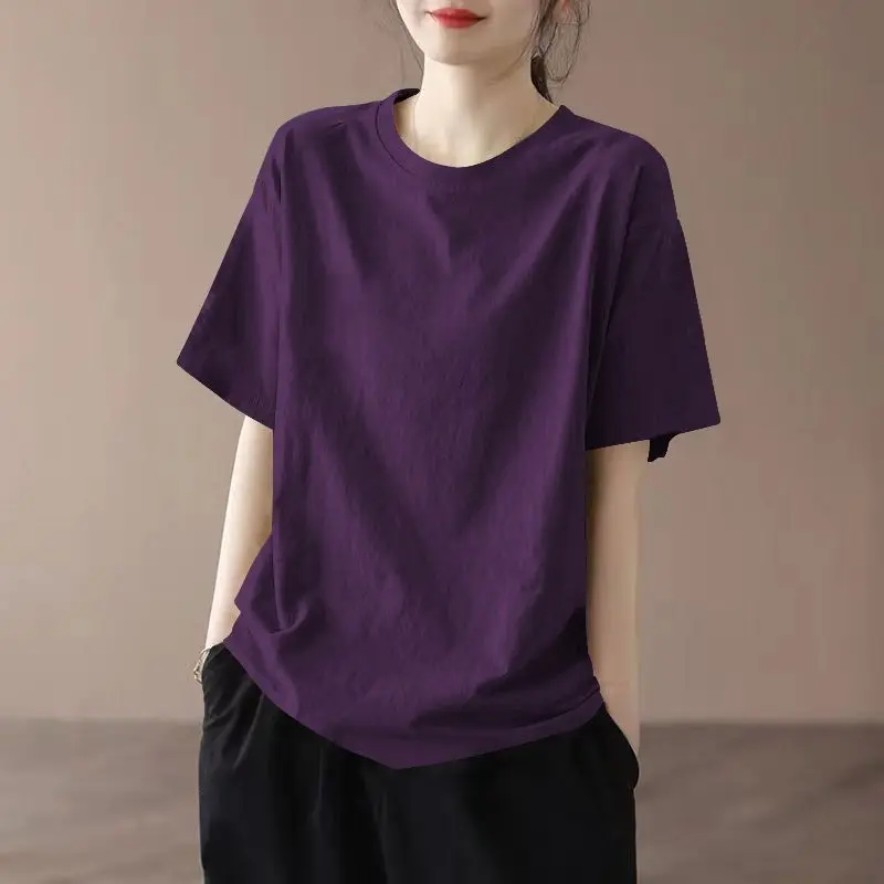 

Свободная женская футболка с коротким рукавом и круглым вырезом, больших размеров, скрывающая живот, новая модель весна-лето