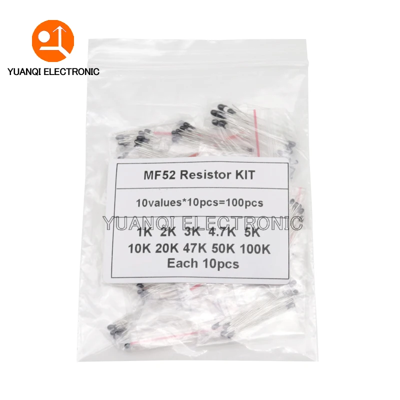100pcs NTC Thermistor Resistor Kit NTC-MF52AT 1K 2K 3K 4.7K 5K 10K 20K 47K 50K 100K 5% 3950B MF52 10values each 10pcs