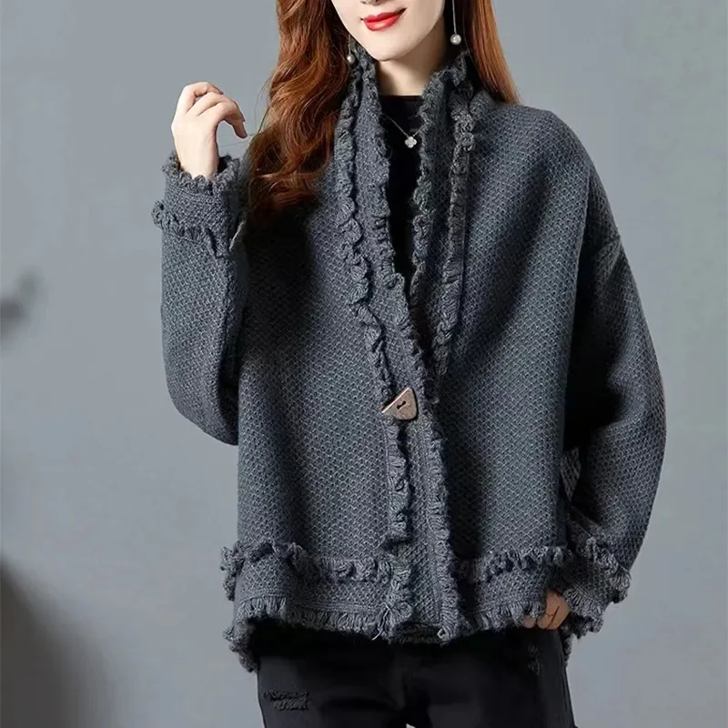 Spring  Autumn New Simple Commuting Loose Fit Slim Wood Ear Edge Cardigan Sweater High Grade Fashion Temperament Casual Top Knit