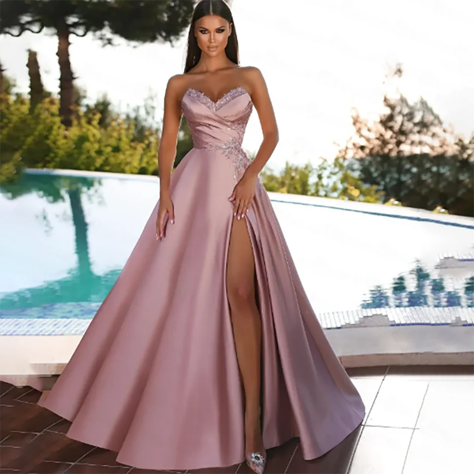 Customized Charming Soft Pink High Slit Beaded Strapless Satin A Line Wedding Dresses 2024 Ruffles Court Train Tulle Bridal Gown