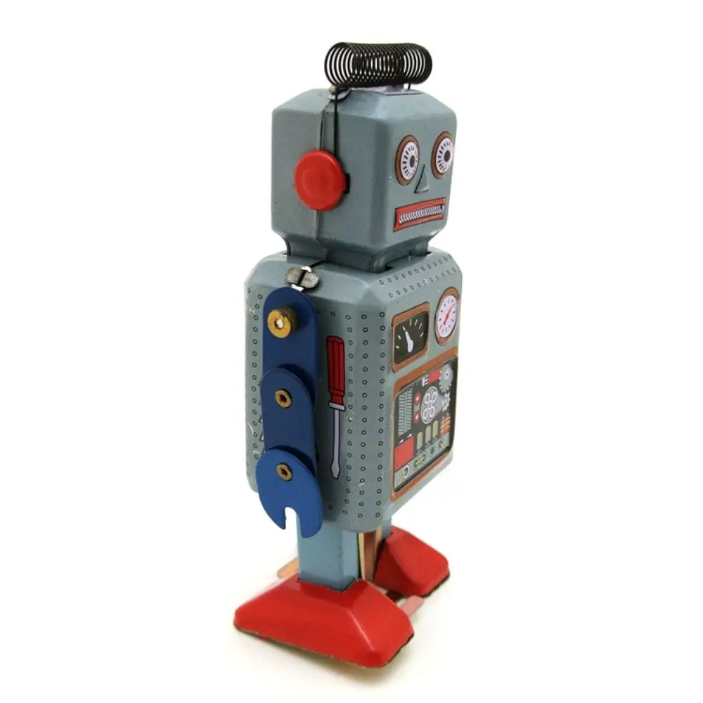 Drumming Robot Wind Up Walking Robot Iron Metal Figures Clockwork Walking Nostalgic Fun Play Vintage Mechanical Clockwork