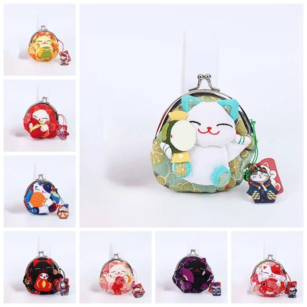 Porte-monnaie Maneki Neko de style japonais, impression de fleurs rétro, portefeuilles, porte-cartes, sac de rangement en PU, pochette chat porte-bonheur, extérieur