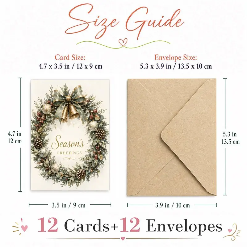 12pcs Greeting Cards With Envelopes, Watercolor Winter Christmas Designs Holiday Gift, Rustic Neutral Winter Xmas Note Cards