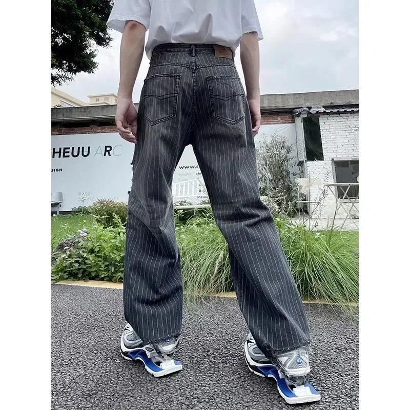 Deeptown Y2K Vintage Striped Women Jeans Hole Oversize Wash Wide Leg American Retro Denim Pants Baggy Streetwear Trousers Autumn