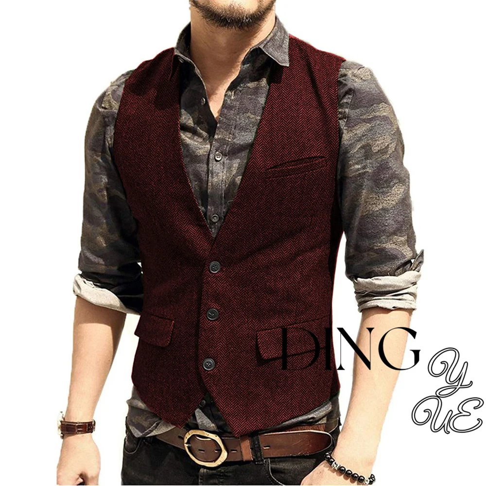 Victorian Steampunk Men Suit Vest V Neck Jacket Herringbone Tweed Flip Pocket Business Waistcoat Wedding Groomman Clothing