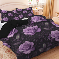3pcs purple rose heart patterned duvet cover set, 1 duvet cover+2 pillowcases, coreless. Soft and comfortable bedding set