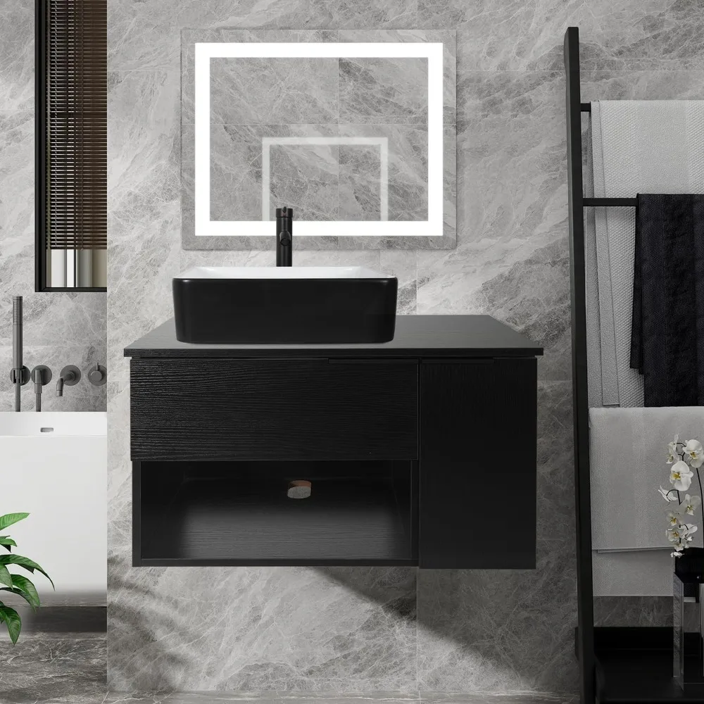 Bathroom Vanity, Modern Black Wall Mounted Bathroom Vanity with 1-Door and 1-Drawer, Modern Floating Bathroom Cabinet