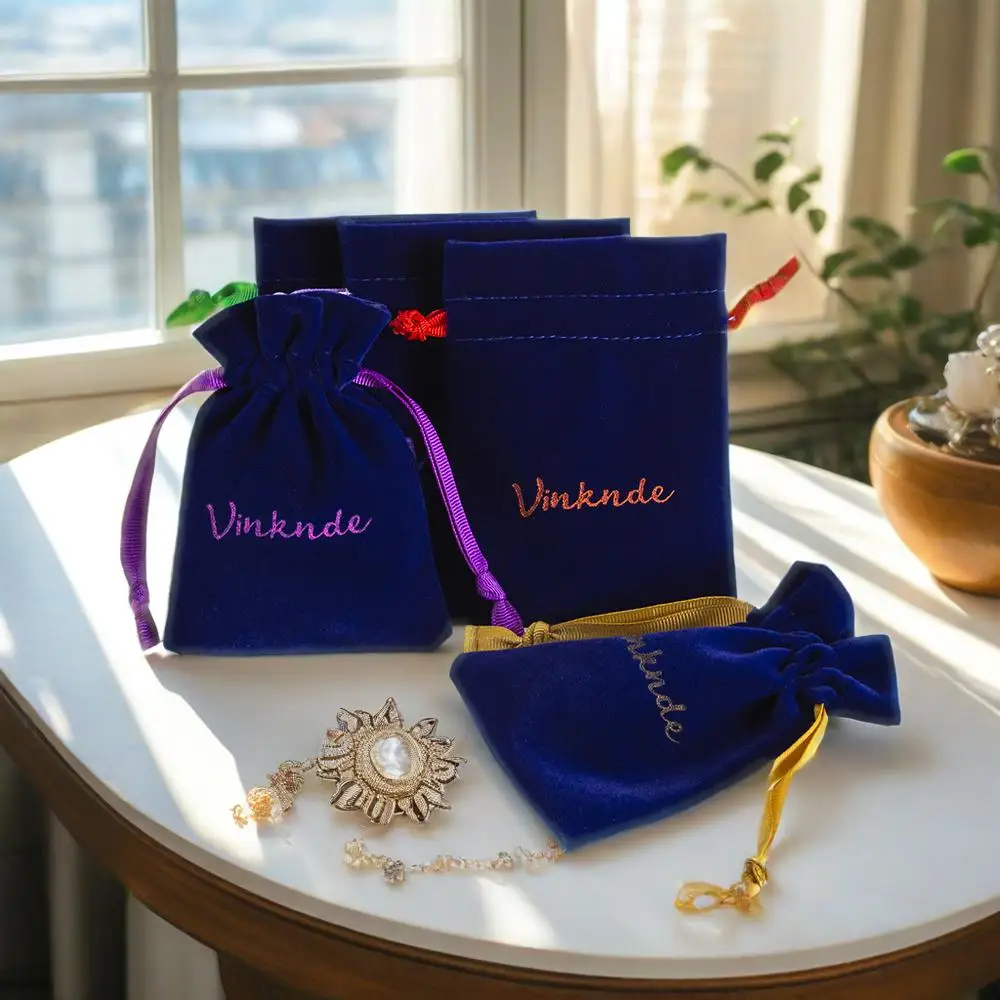 

Custom Logo Navy Velvet Cosmetics Packaging Bags Flannel Cotton Dust Bag Soft Wedding Party Favor Gift Storage Drawstring Pouch