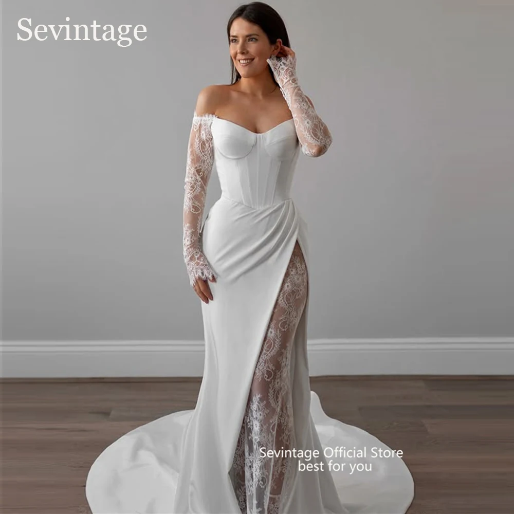 

Sevintage Sexy Mermaid Wedding Dresses Leg Lace Sleeves Off The Shoulder Bridal Gowns High Side Slit Sweetheart Bride Customized