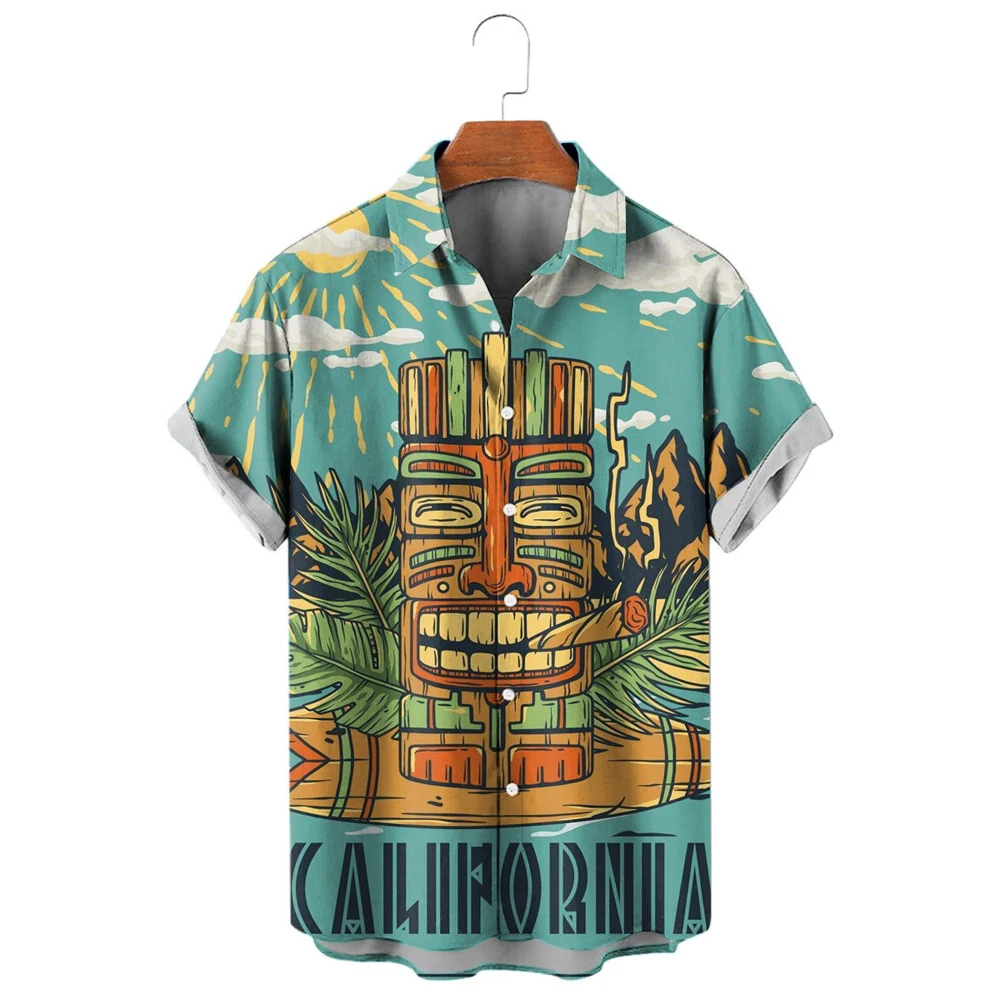 

HX Fashion Men's Shirts Hawaiian Mask Art Shirt Polynesia Graphic Beach Casual Tops Ropa Hombre Shirts for Men