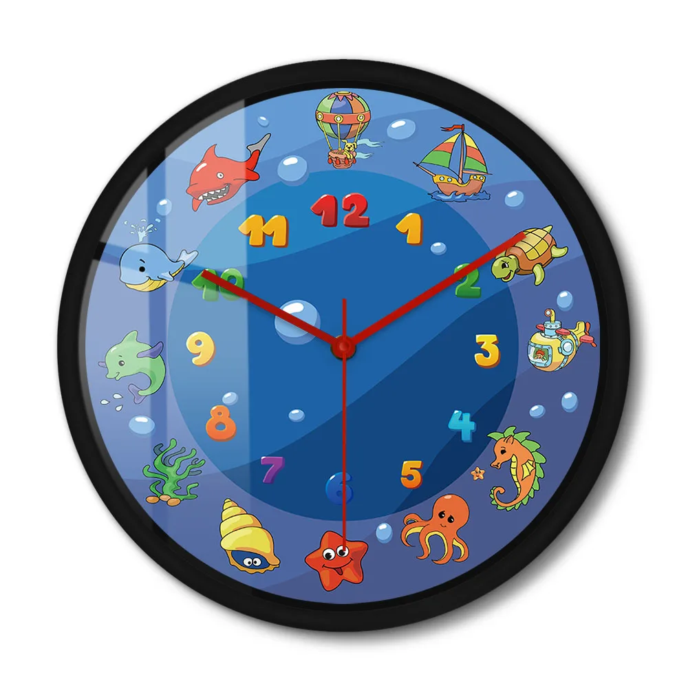 

Cartoon Sea Animals Blue Metal Wall Clock For Nursery Kids Bedroom Under The Sea Creature Ocean Silent Modern Decorative Watch