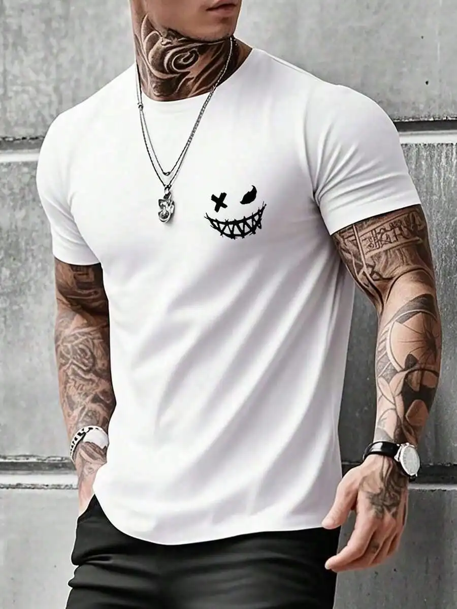 Men's Summer Gothic Smiling Face Fashion Casual Round Neck Sho...
