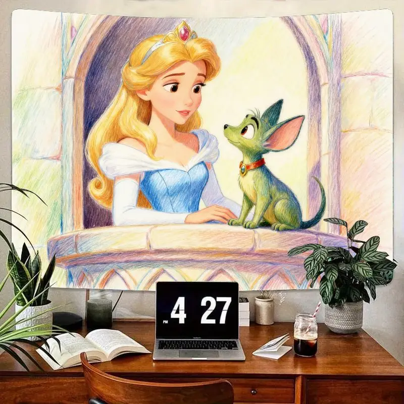 

1 шт., синее платье принцессы Авроры и милый гобелен с зеленой собакой, кавайное настенное искусство, современный полиэстер, декор для спальни, общежития, подарок для девочек