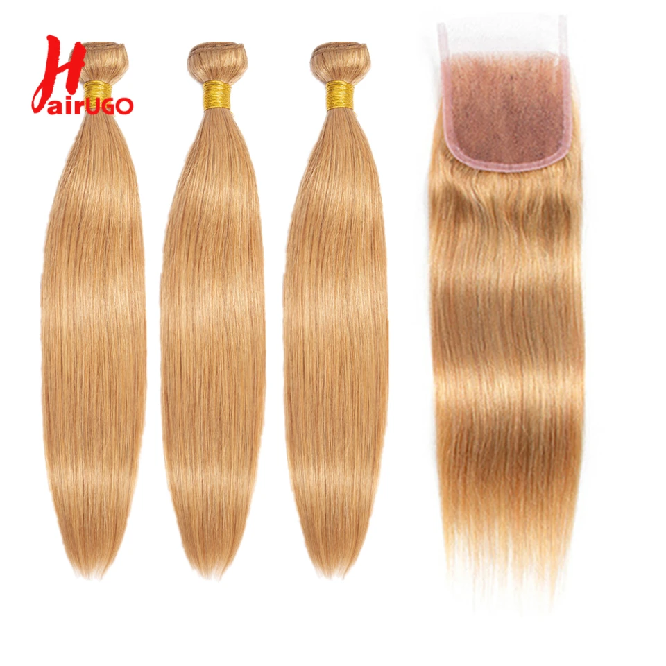 #27 2/3 Bundles With Closure HairUGo Honey Blonde Bundles With Closure 27# Brazilian Hair Remy Straight Human Hair Weave Bundles