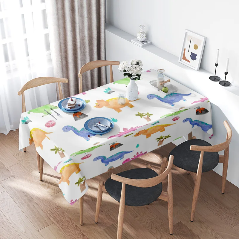 

Whimsical Dinosaur Tablecloth for Kids Multicolor Printed Polyester Table Cover with Round Edges Easy to Clean Waterproof Fabric