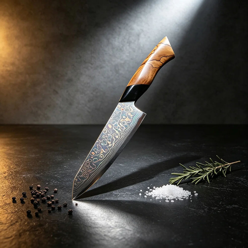 Handmade 37‑Layer Tricolor Copper Damascus Steel Japanese Tanto Knife Home Chef's Knife Art Decor Gift Knife Slicing Knife