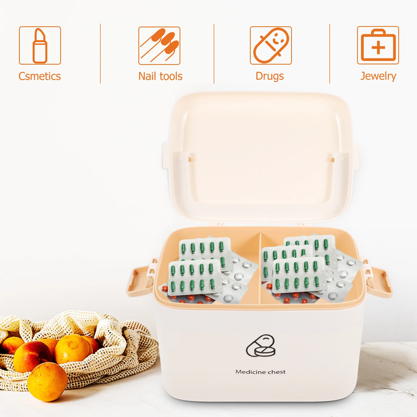 صندوق دواء منزلي بطبقة مزدوجة محمول بسعة كبيرة منظم للتخزين مقبض صندوق دواء للطوارئ حقيبة إسعافات أولية