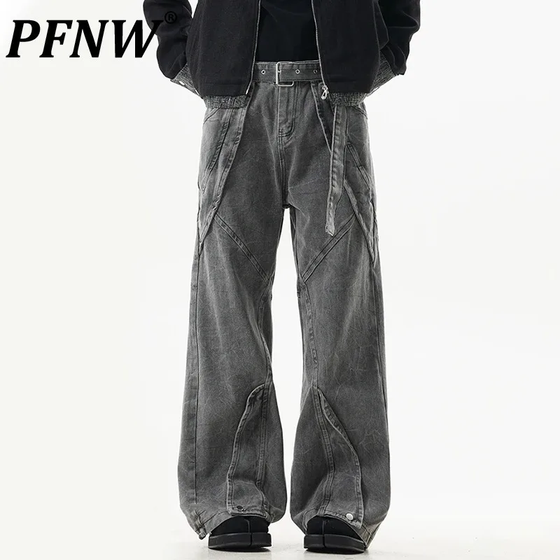 

PFNW Fashion Splicing Design Male Jeans New American Waist Belt Design Niche Washed Pants Autumn Men's Wide Leg Trousers 28W4468