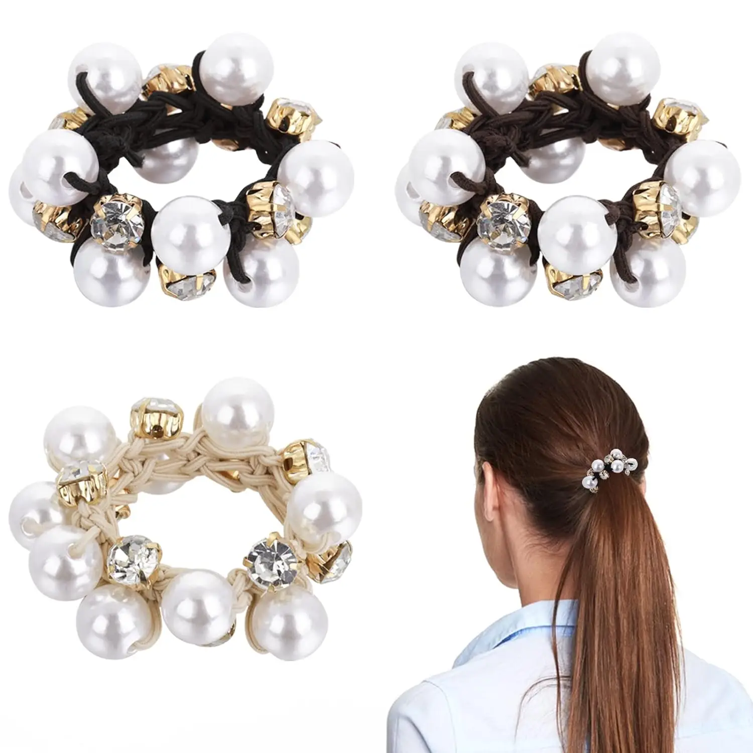 Elegant Imitate Pearl Crystal Hair Rope Bracelet Dual-Use Band Women Girl Summer Elastic Beaded Ponytail Holder Hair Tie Ring