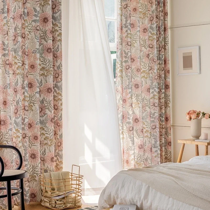 New French Style Curtains for Living Room Bedroom Dining Room Rural Plant and Flower Curtains Cotton Linen Printing Home Curtain