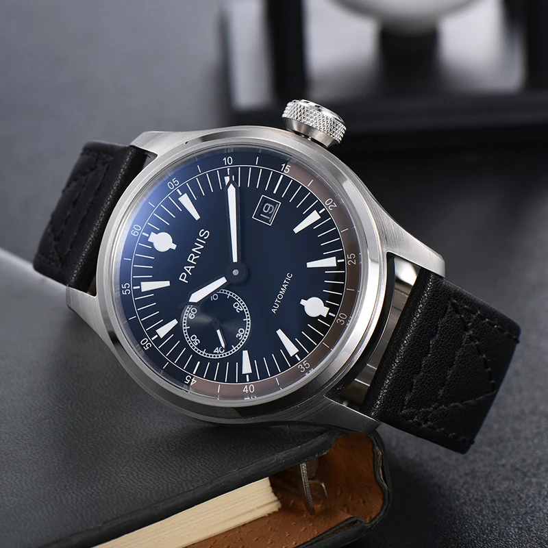 새로운 Parnis 46.5mm 블랙 다이얼 자동 기계식 남자 시계 달력 가죽 스트랩 남자 스포츠 시계 럭셔리 남자 선물 시계