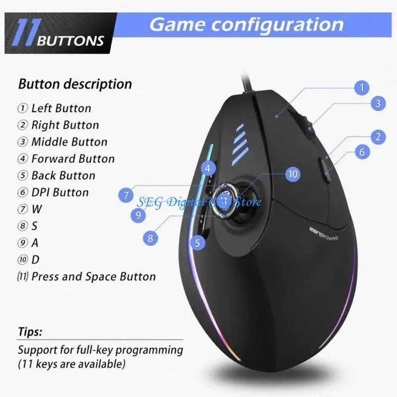 

U75B Corded Gaming Mouse with Joystick 10000DPI Programmable Buttons Vertical Ergonomic Mouse Optical Computer Mouse PC Gaming