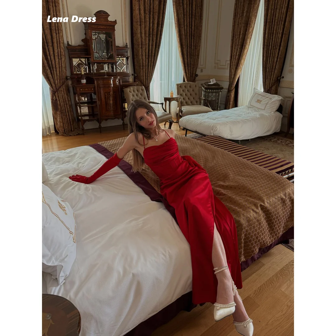 

Lena Custom Made Party Dresses Woman Satin Cloth Luxury Women Evening Dress Woman Mermaid Ball Gown Dress Red Side Slit Prom