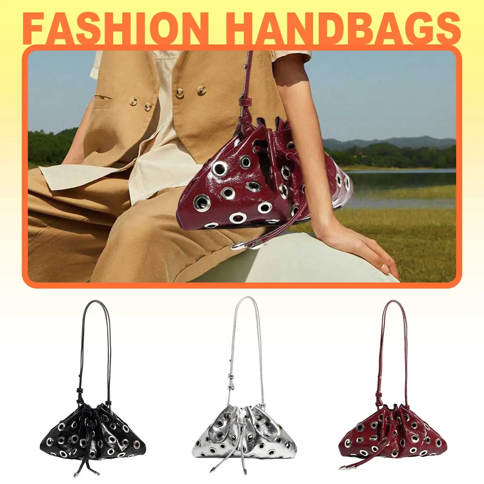 

Women Rivet Bucket Handbag Large Capacity Trendy Rivet Sling Bag PU Leather Drawstring Crossbody Bag Shopping Vacation Handbag